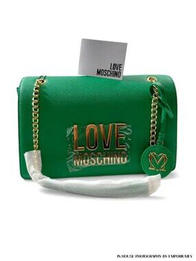 Love Moschino Women’s Green Shoulder Bag Crossbody Faux Leather Gold Chain NWT